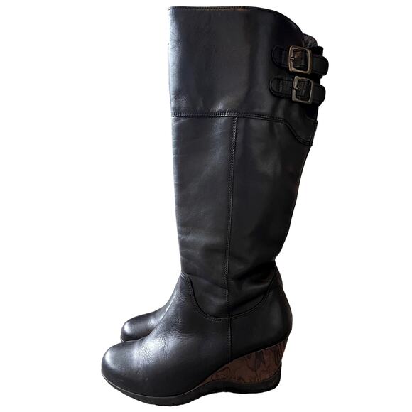Anthropologie 7 Sanita Leather Wedge Riding Boots Tall Wood Heel COMFORT Black - Picture 4 of 11